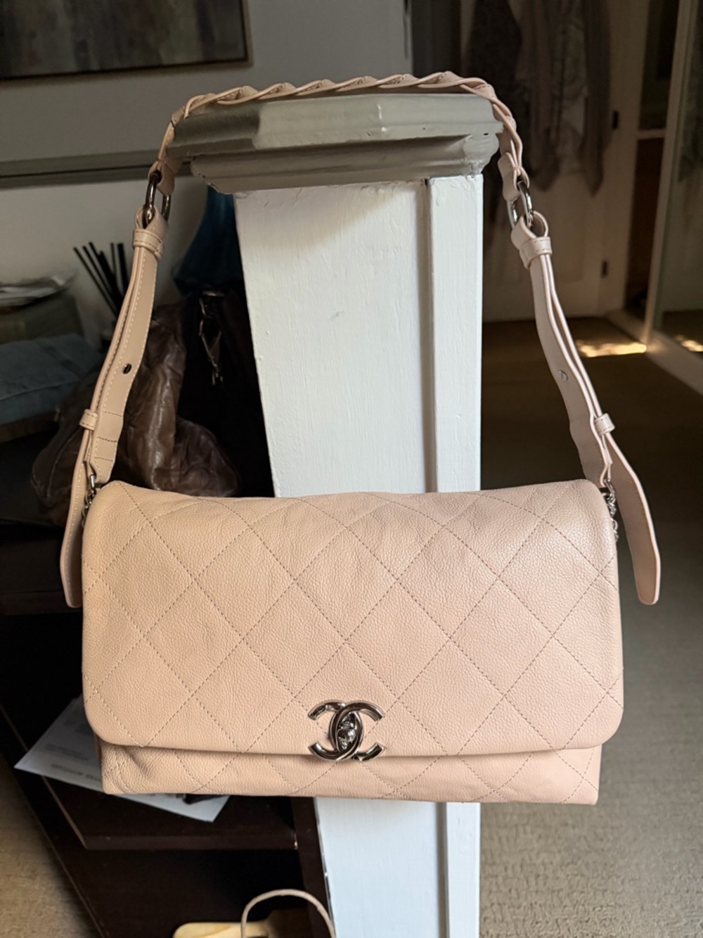 CHANEL Quilted Shoulder Bag in Light Beige with Silver Hardware